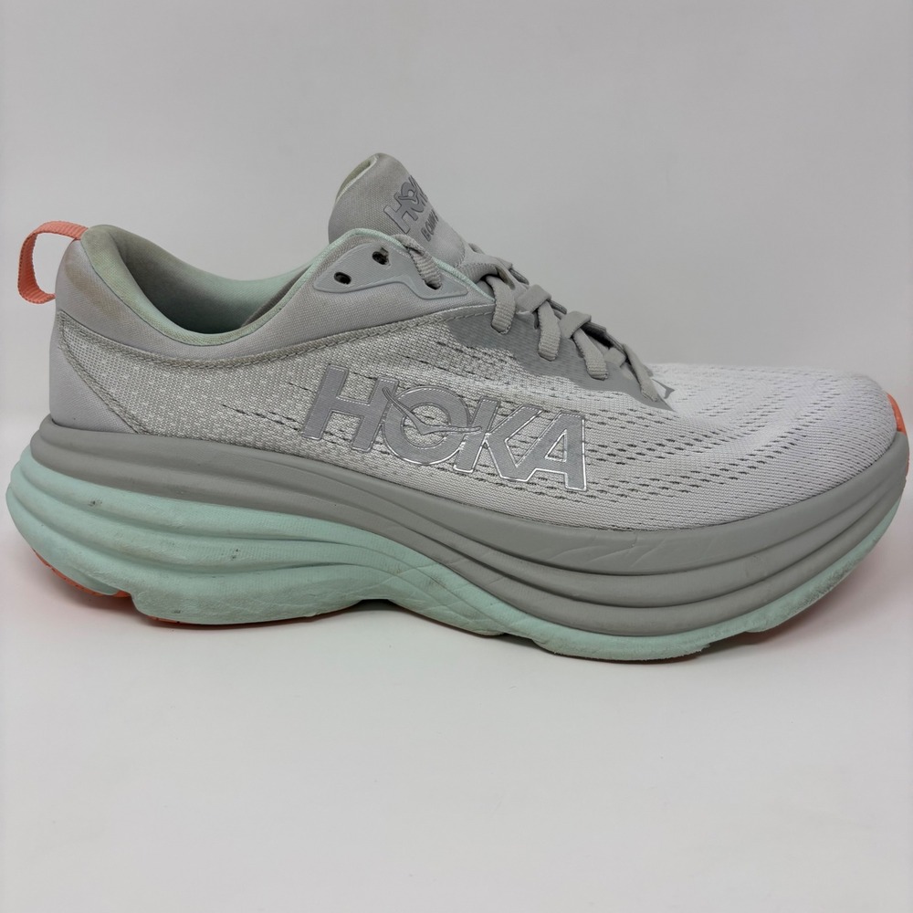 Hoka Bondi 8 Womens Size 10 Grey Mint Green Running Shoes (1127952 SQB)